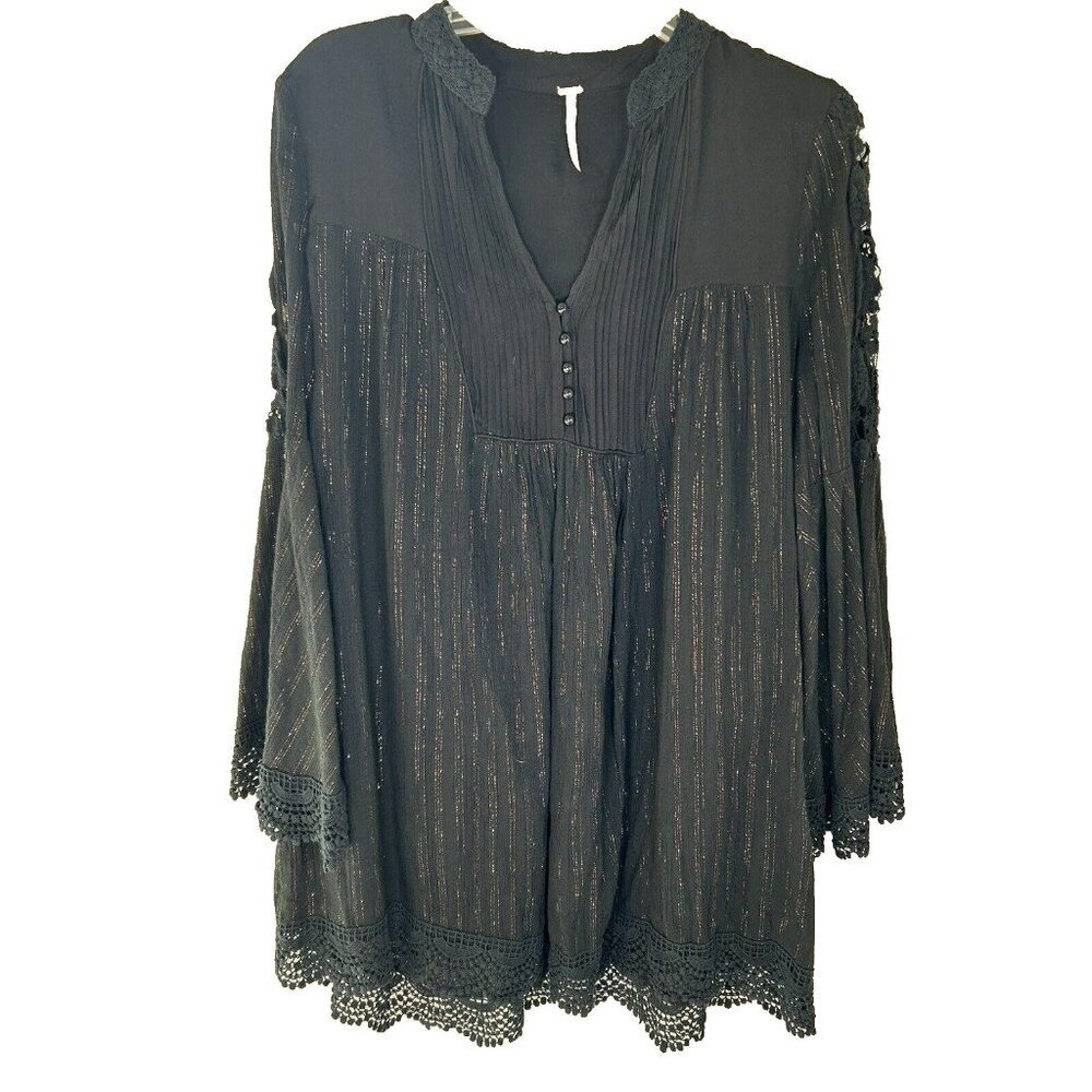 Free People Shirt Womens XS Black Boho Tunic Crochet Lace Metallic Bell Sleeve